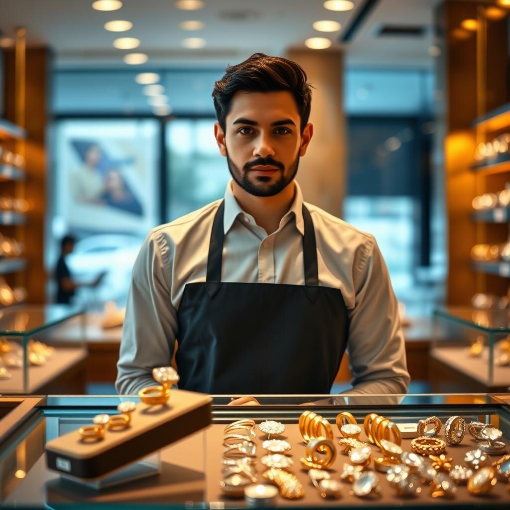 Jeweler behind a display case in an upscale jewelry store