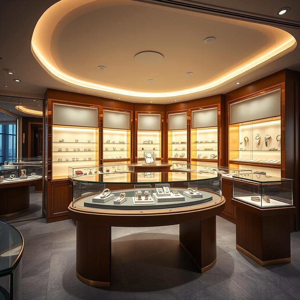 Upscale jewelry store interior with illuminated display cases